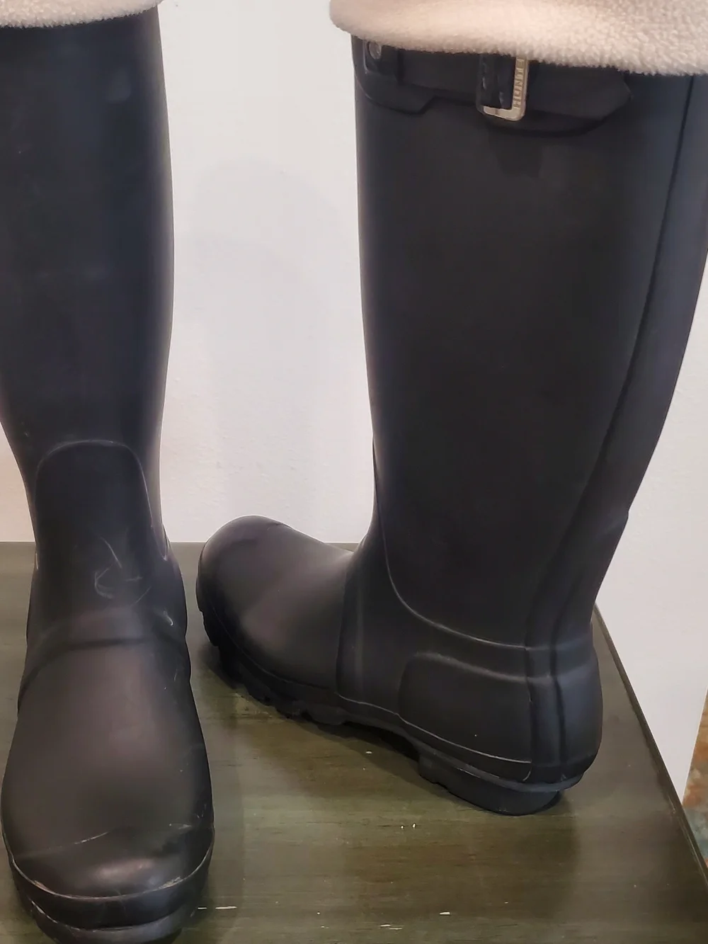 Hunter Black Tall Rain Boots with Cream Fleece Liners